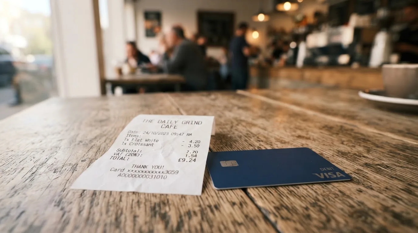 A receipt and a card on a café table