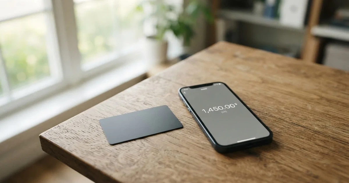 A payment card next to a phone with a crypto wallet app open