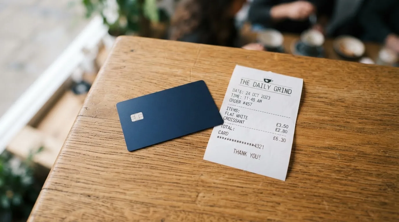 A receipt and a card on a café table