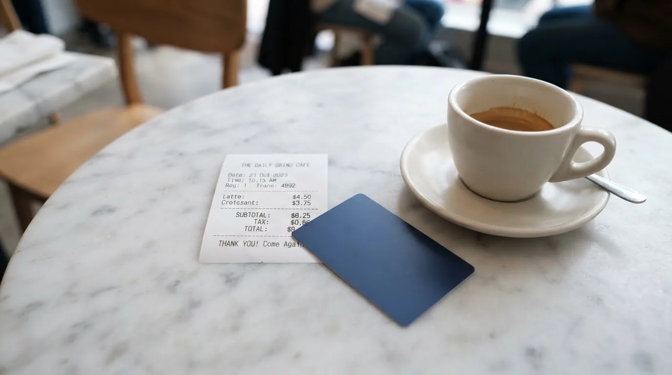 A receipt and a card on a café table
