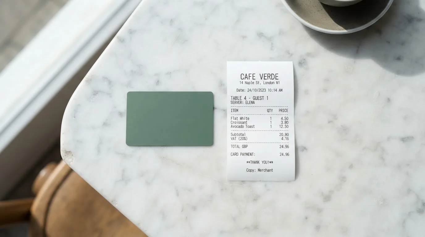 A receipt and a card on a café table