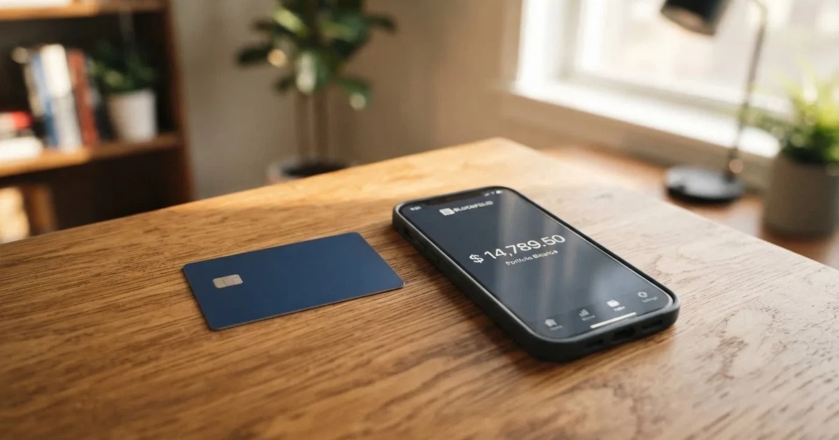 A payment card next to a phone with a crypto wallet app open