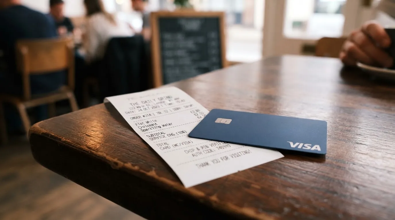 A receipt and a card on a café table