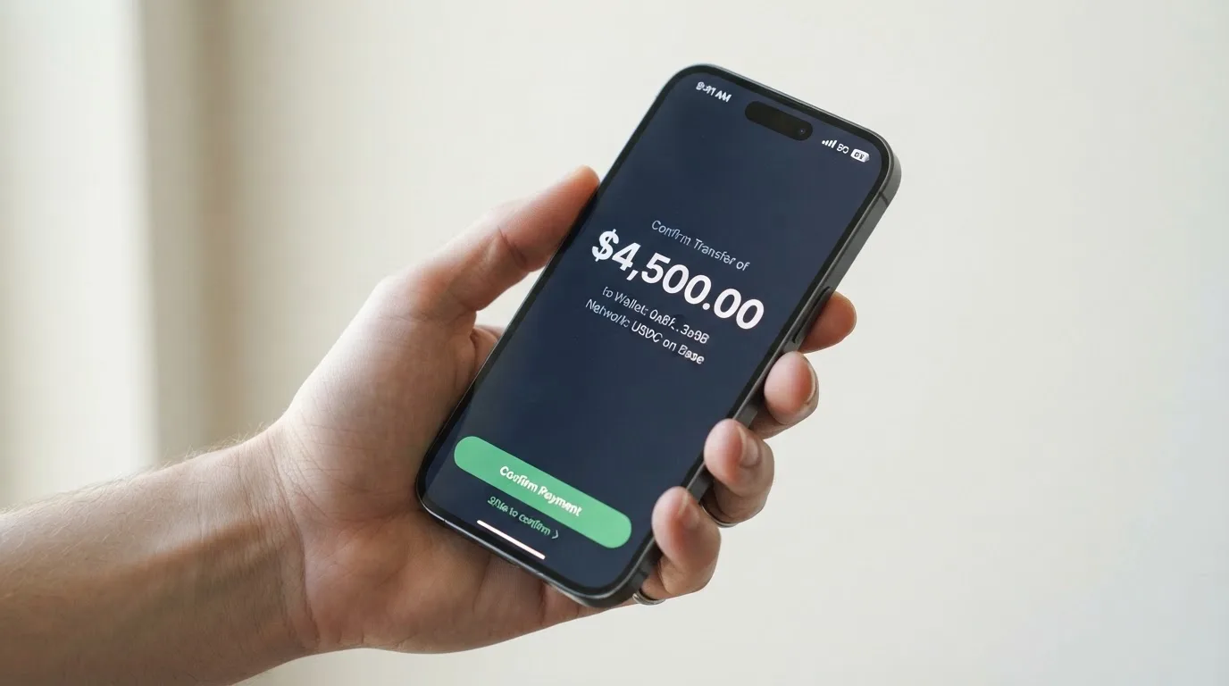 A phone showing a stablecoin transfer screen