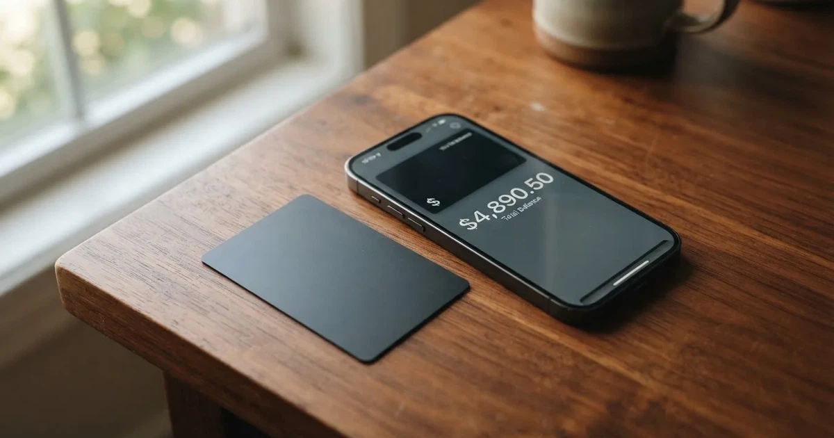 A payment card next to a phone with a crypto wallet app open