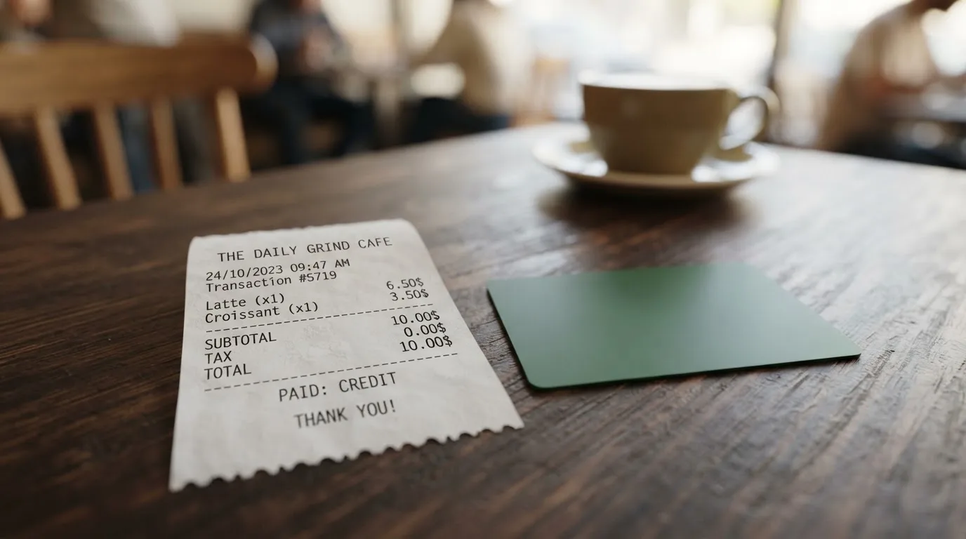 A receipt and a card on a café table