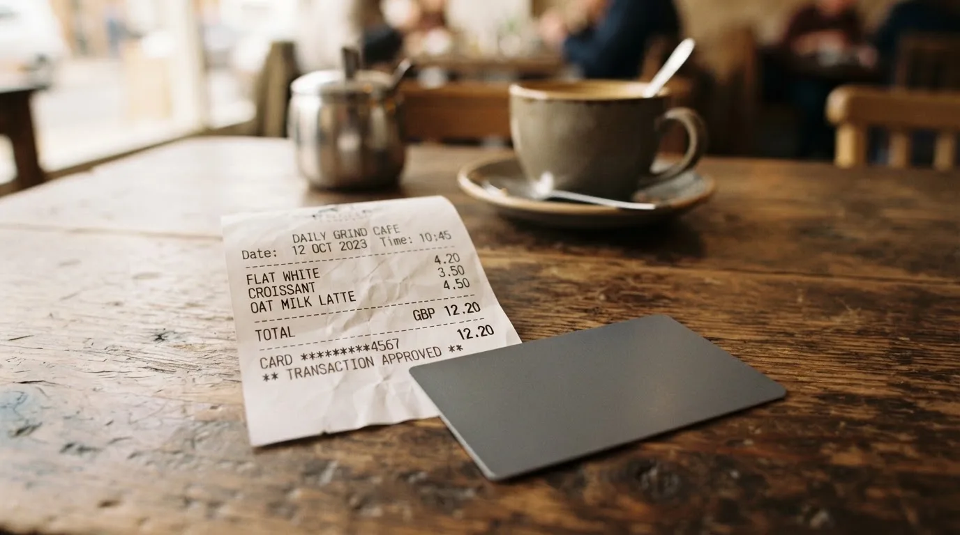 A receipt and a card on a café table