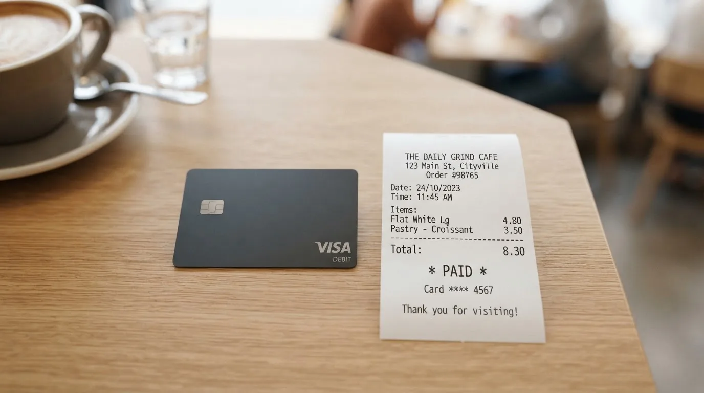 A receipt and a card on a café table
