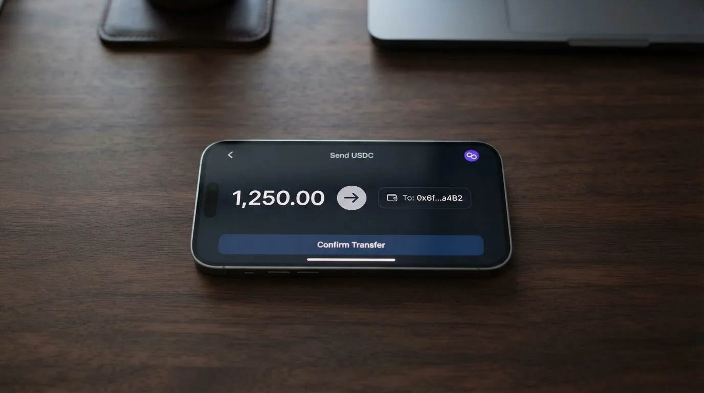 A phone showing a stablecoin transfer screen