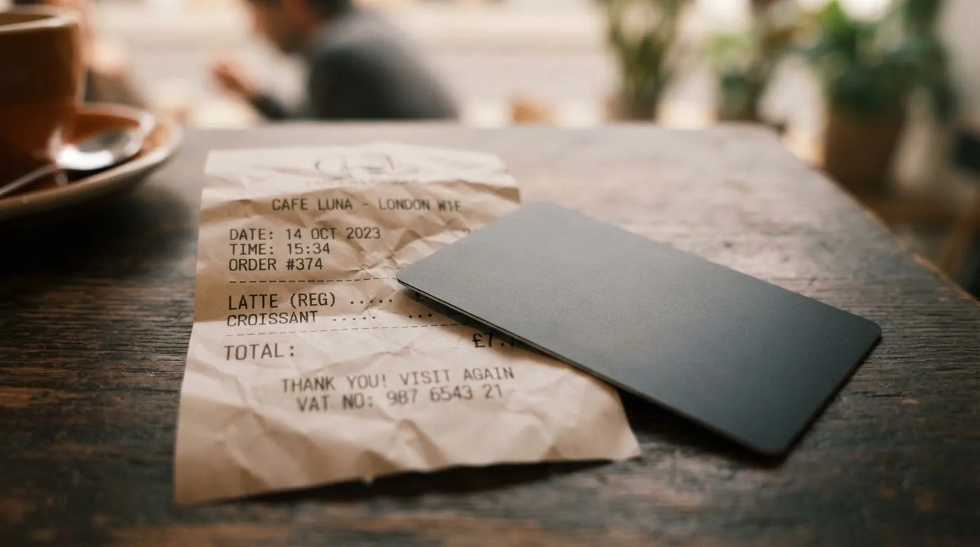 A receipt and a card on a café table