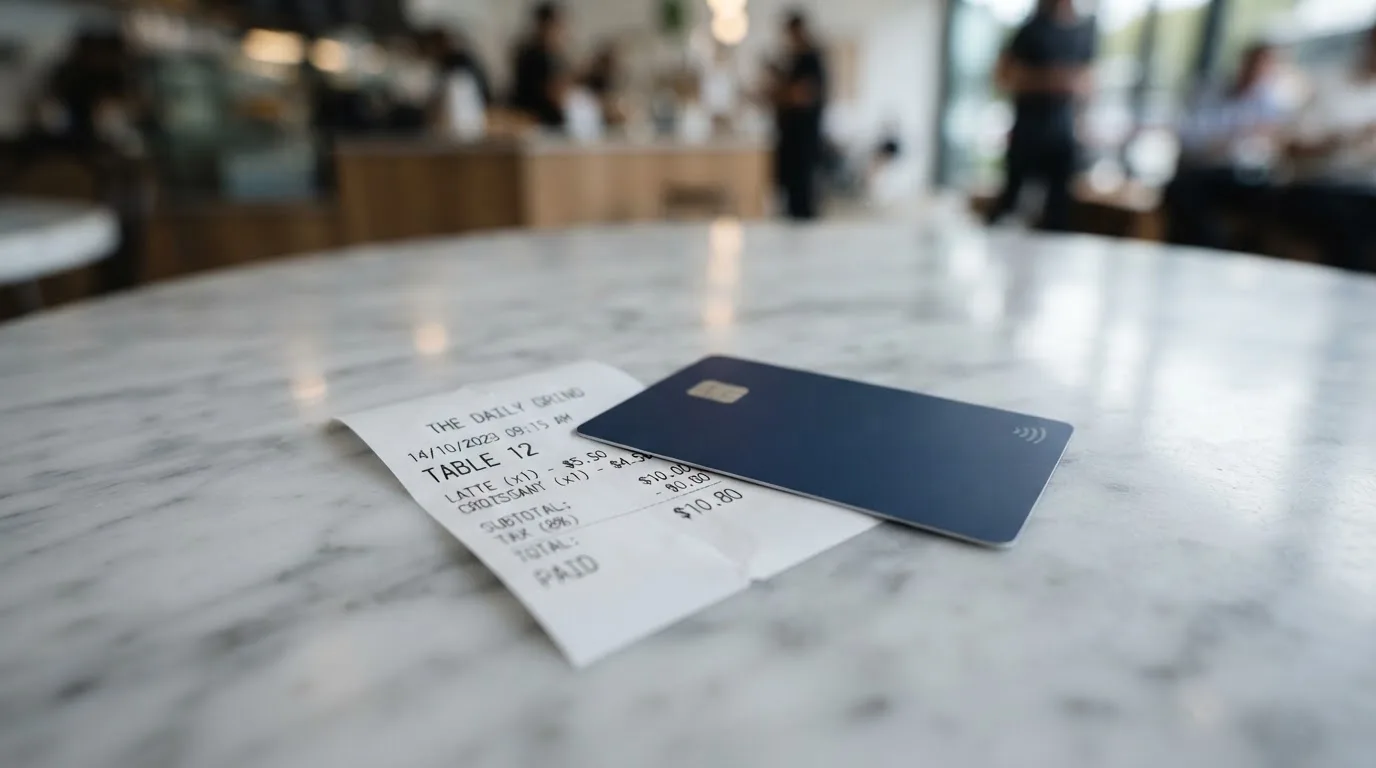 A receipt and a card on a café table
