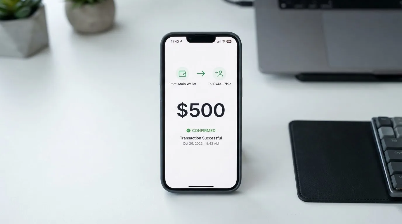 A phone showing a stablecoin transfer screen