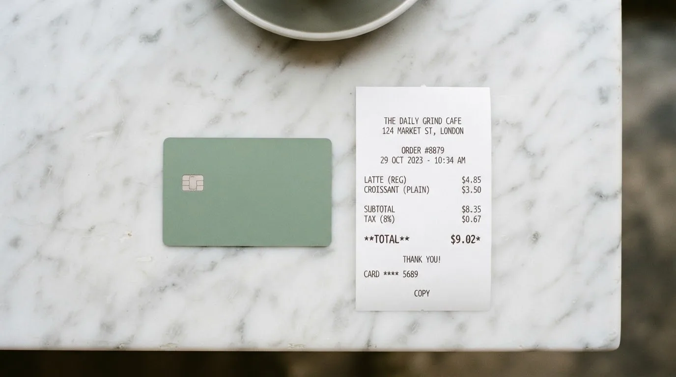 A receipt and a card on a café table