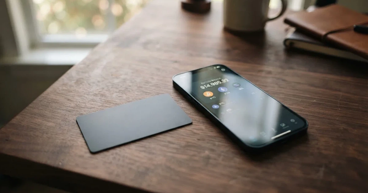 A payment card next to a phone with a crypto wallet app open