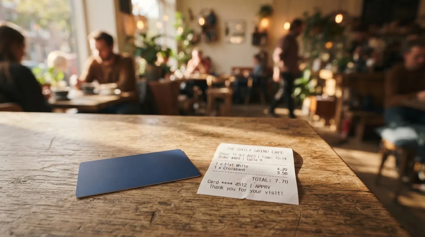 A receipt and a card on a café table