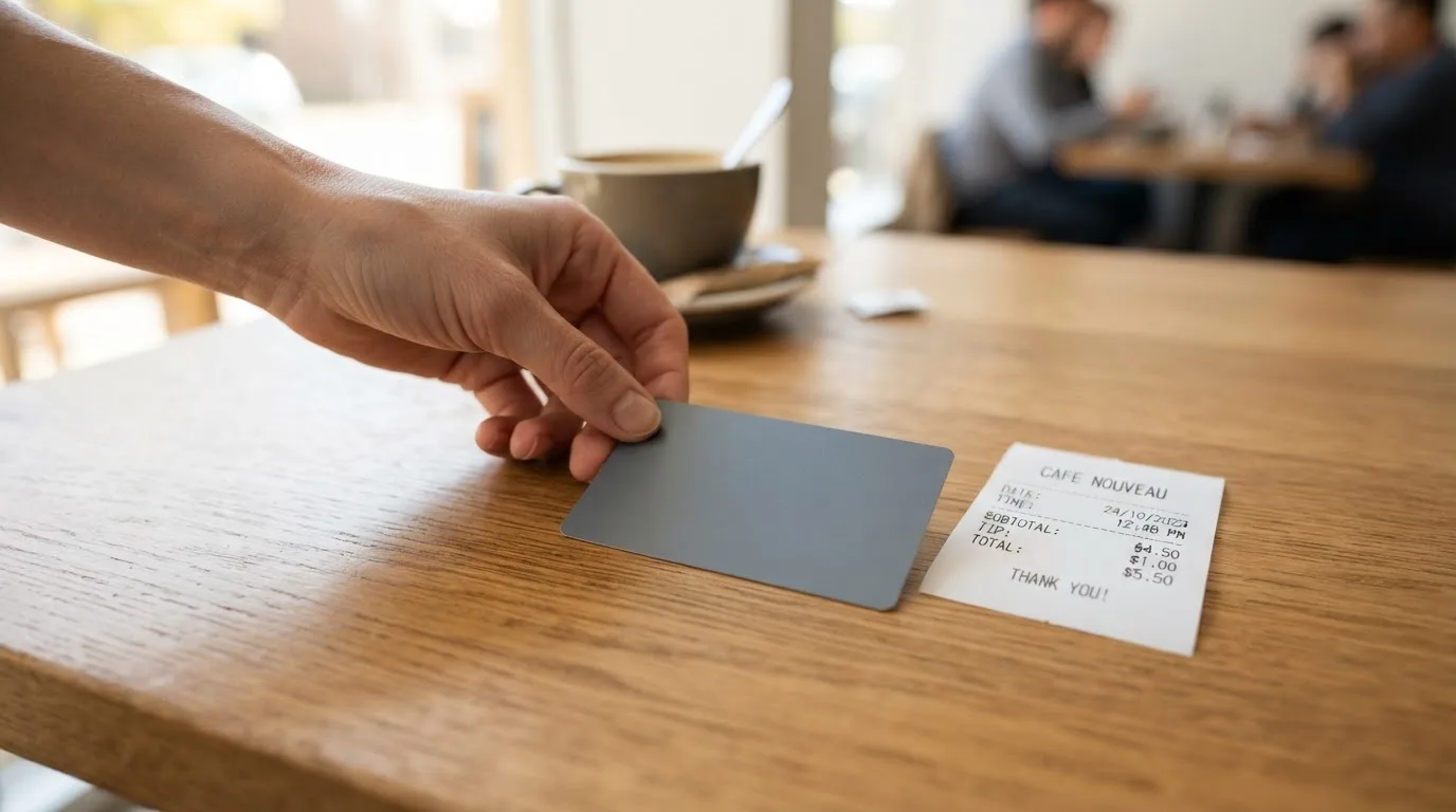 A receipt and a card on a café table