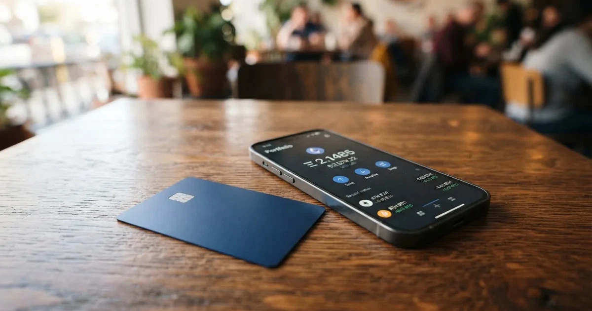 A payment card next to a phone with a crypto wallet app open