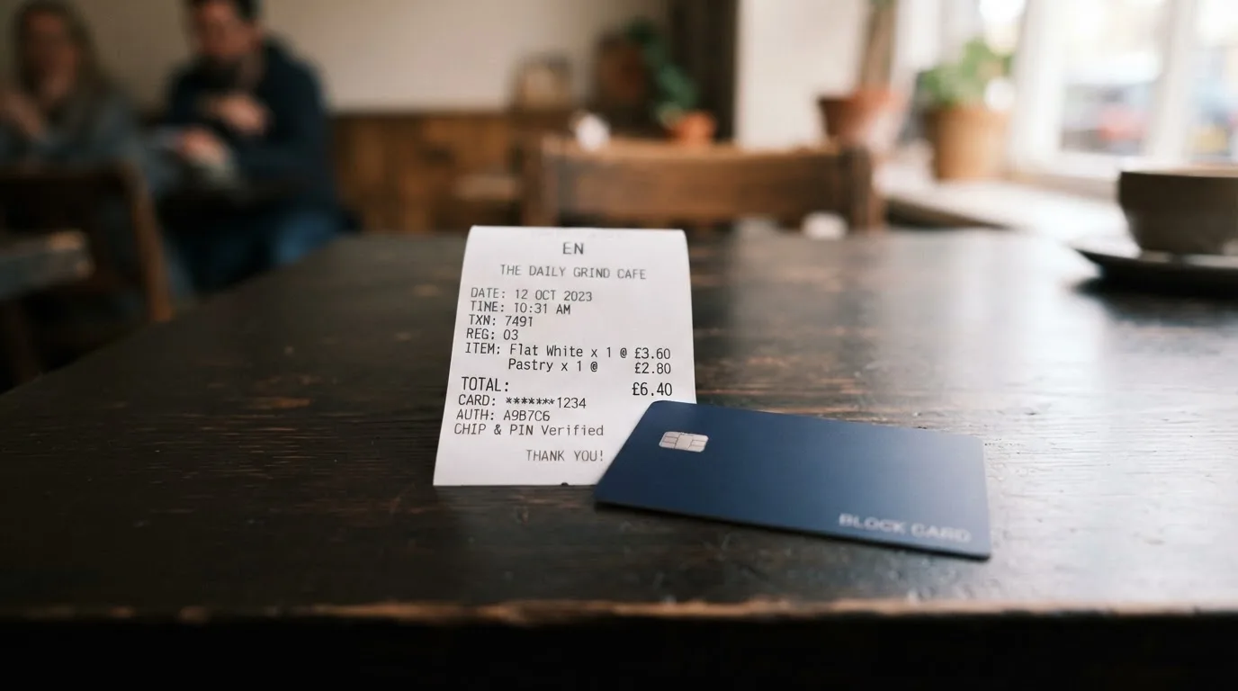 A receipt and a card on a café table
