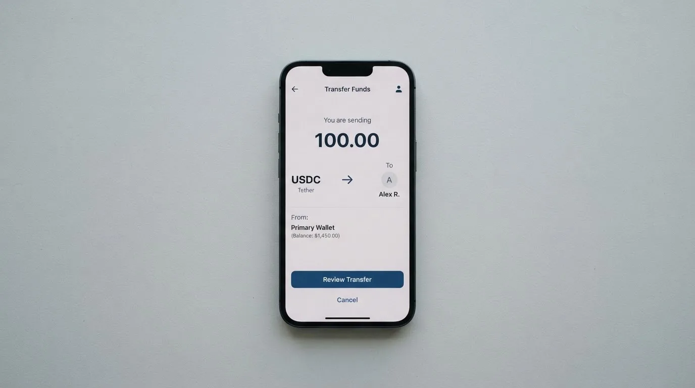 A phone showing a stablecoin transfer screen