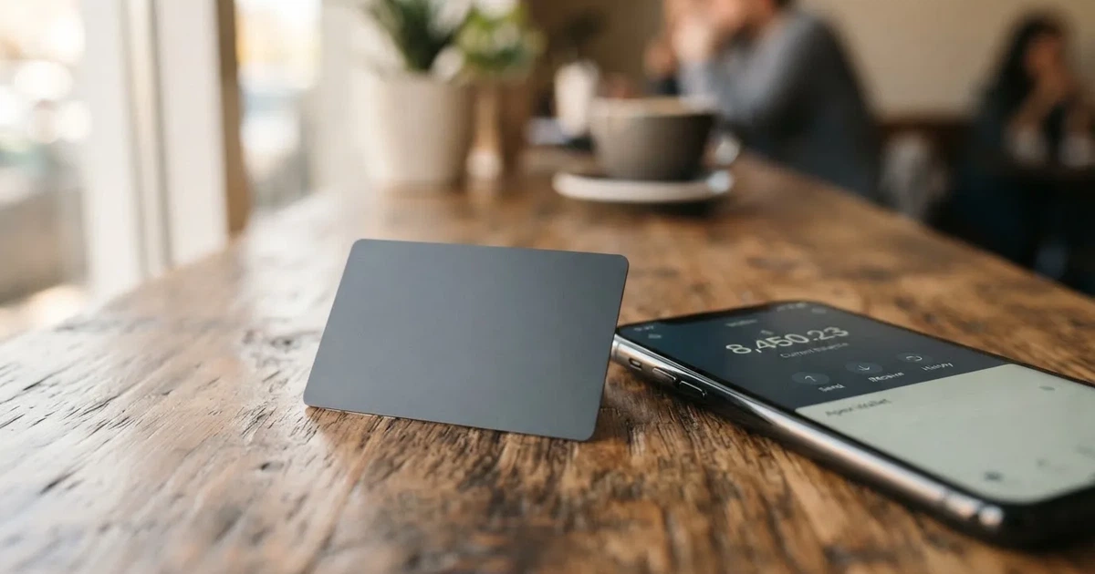 A payment card next to a phone with a crypto wallet app open