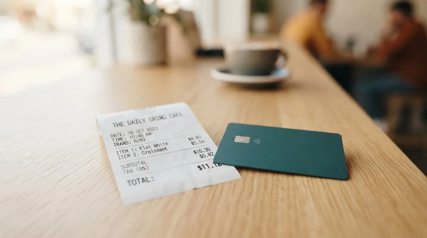 A receipt and a card on a café table