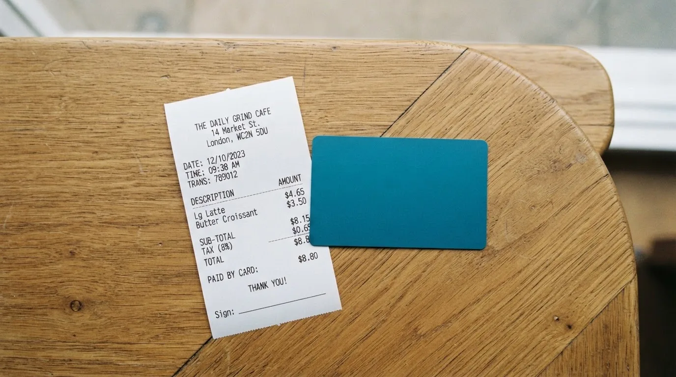 A receipt and a card on a café table