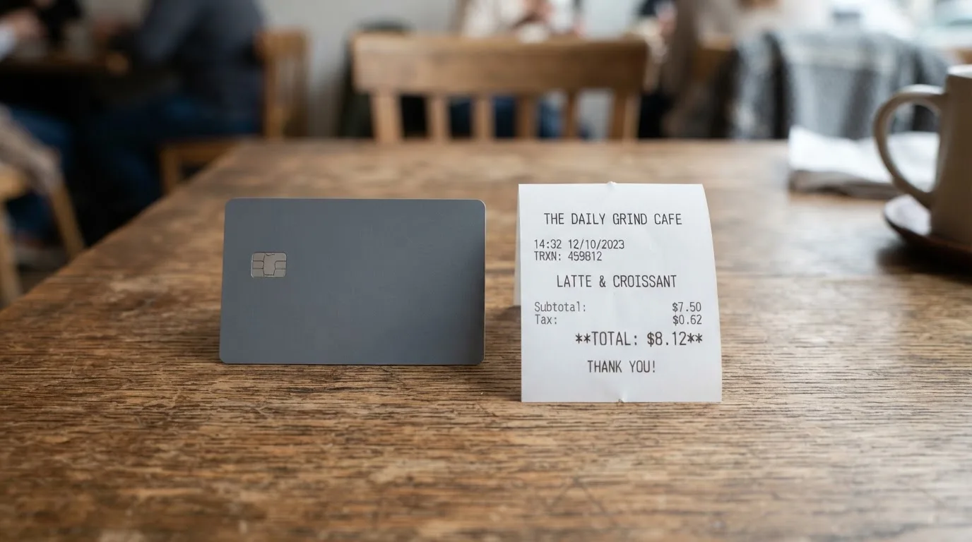 A receipt and a card on a café table