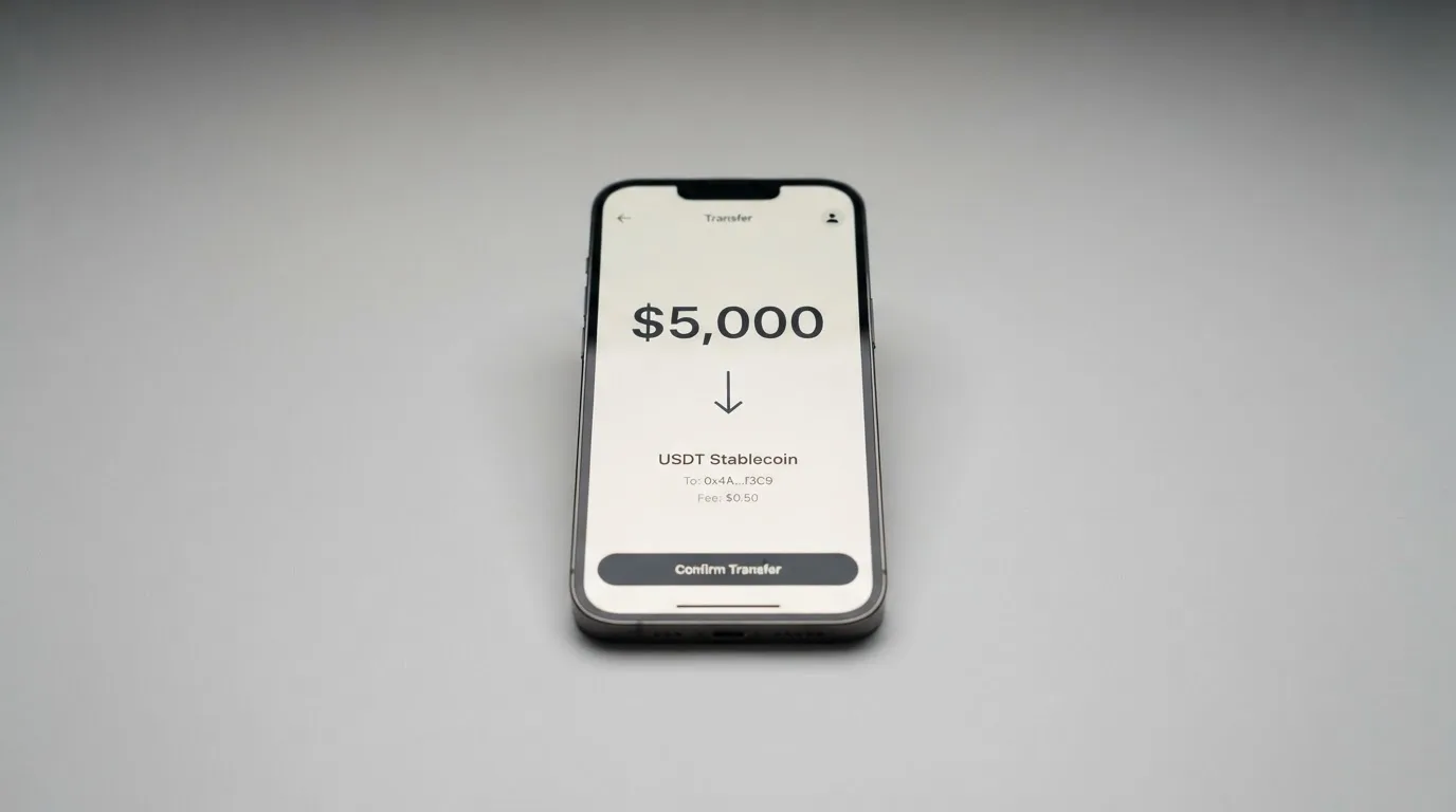 A phone showing a stablecoin transfer screen