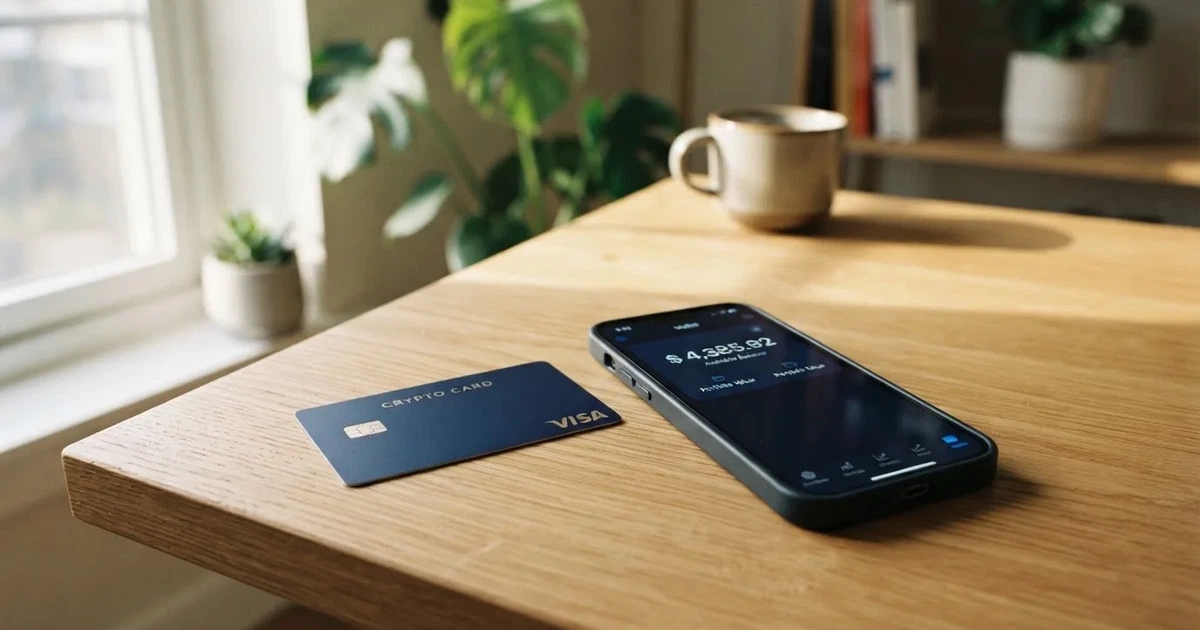 A payment card next to a phone with a crypto wallet app open