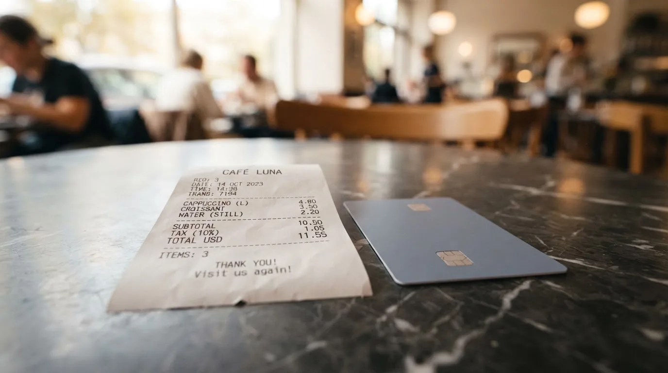 A receipt and a card on a café table
