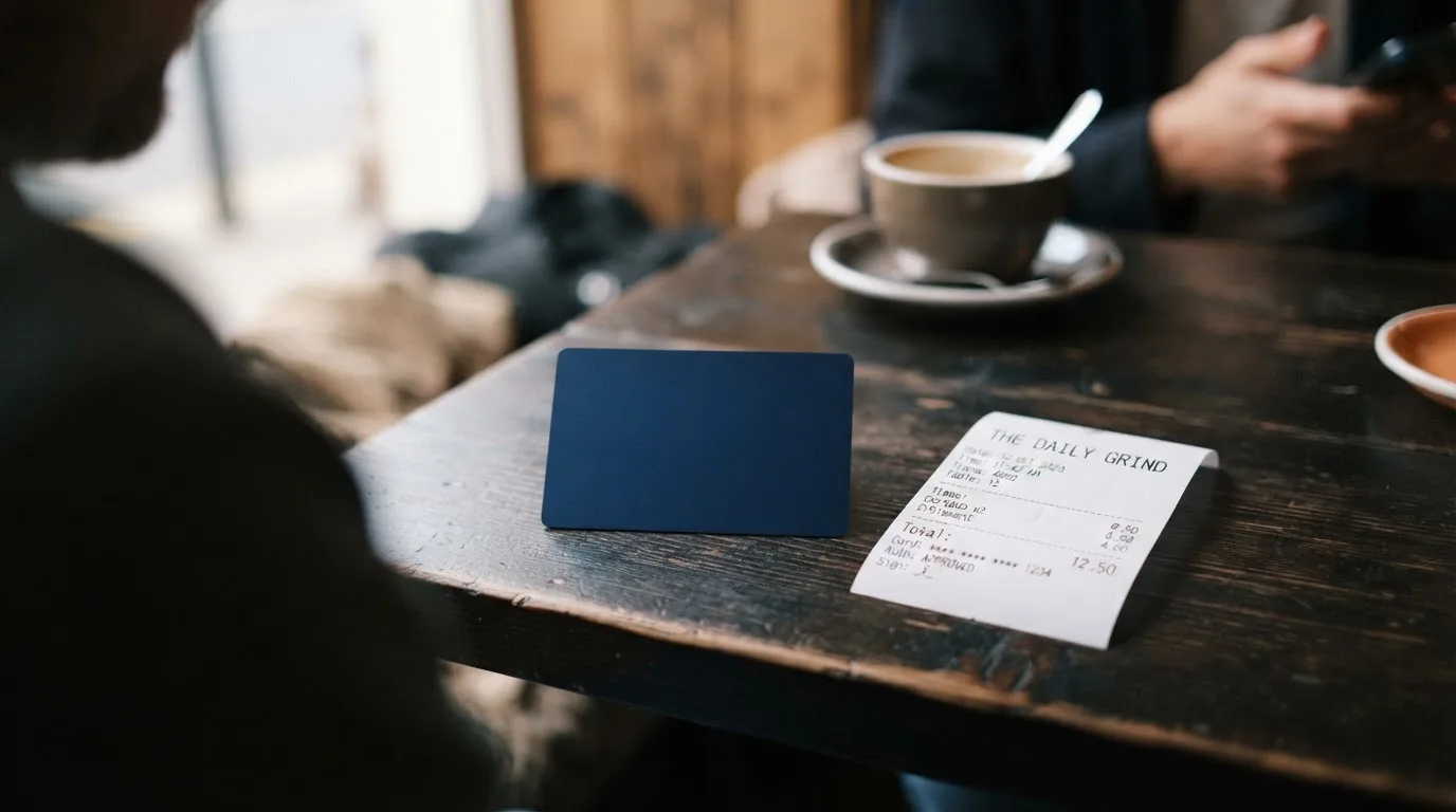 A receipt and a card on a café table