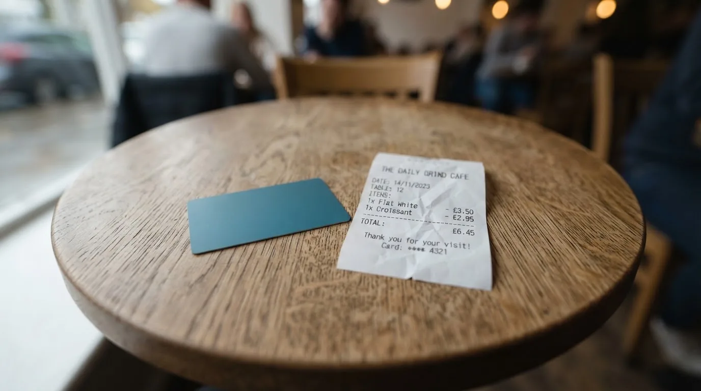 A receipt and a card on a café table