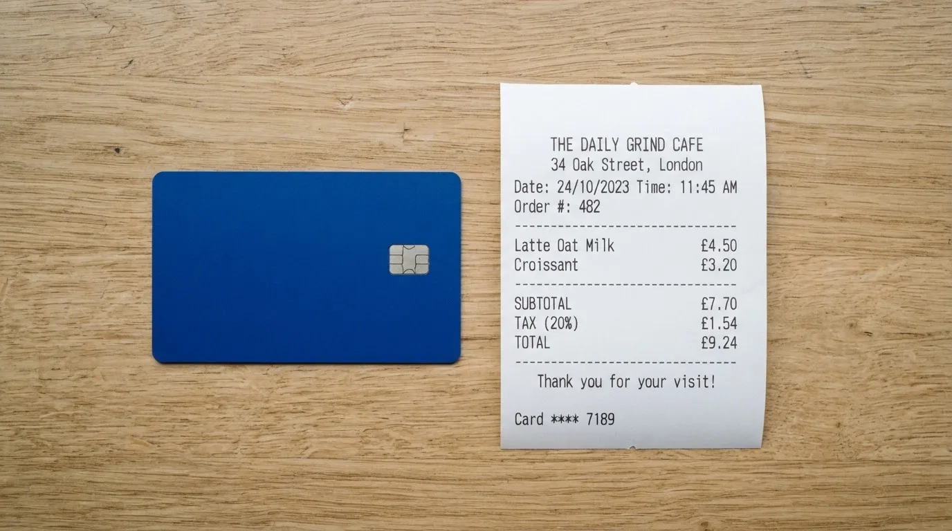 A receipt and a card on a café table