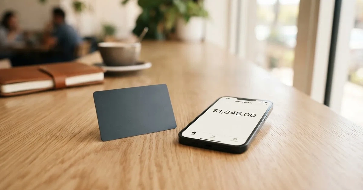 A payment card next to a phone with a crypto wallet app open