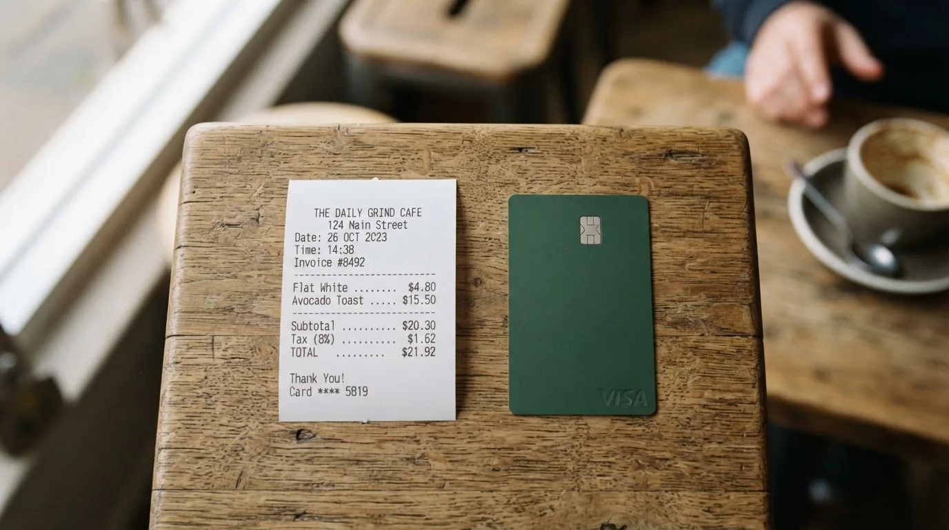 A receipt and a card on a café table