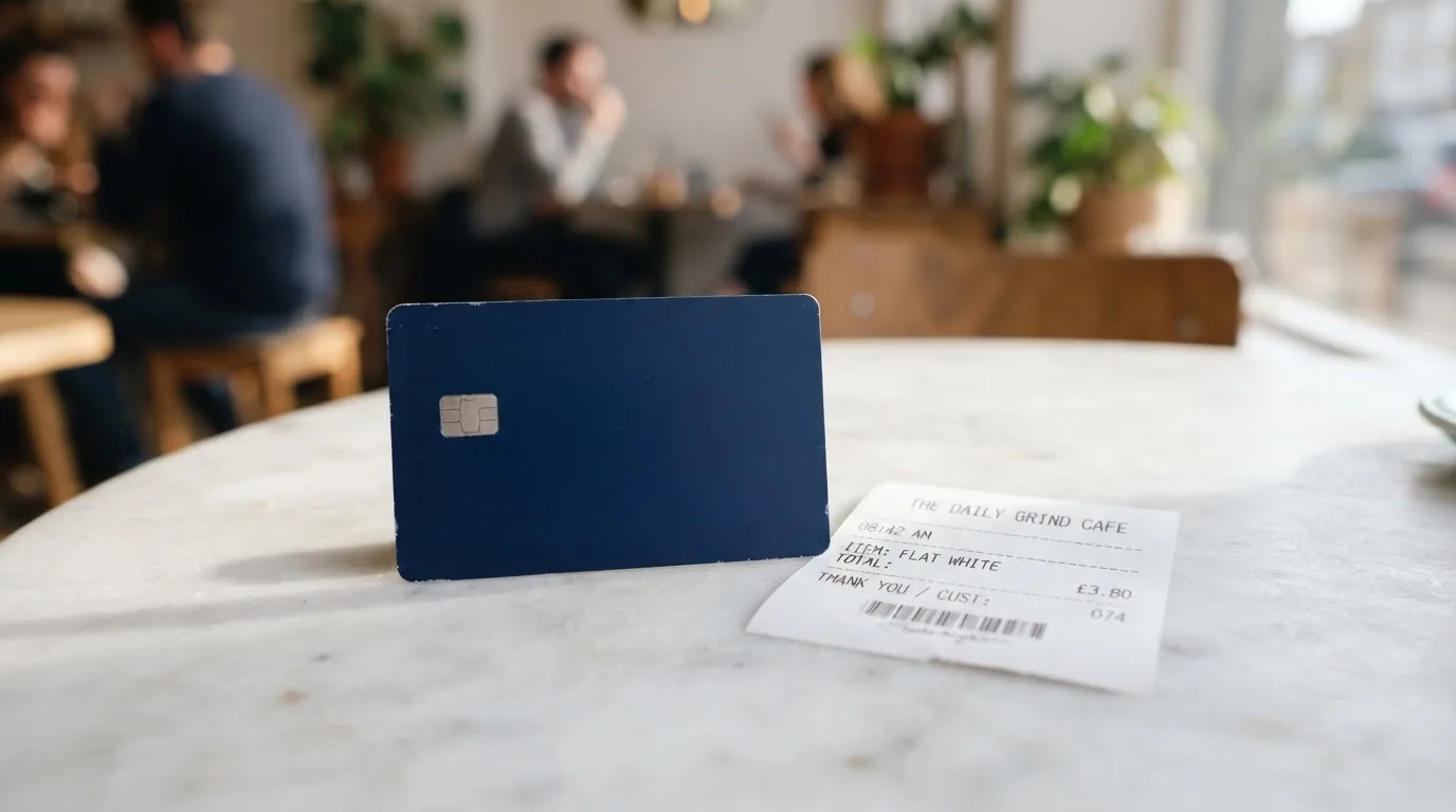 A receipt and a card on a café table