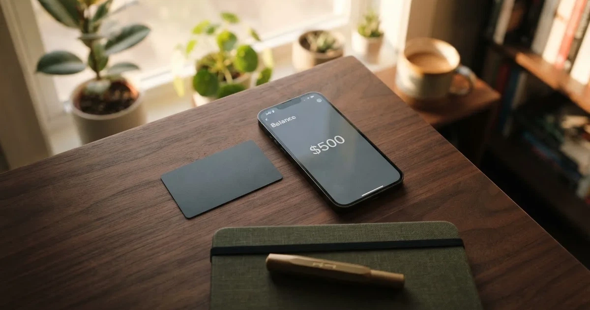 A payment card next to a phone with a crypto wallet app open