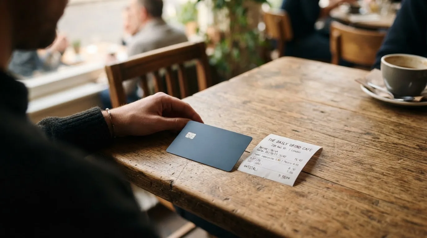 A receipt and a card on a café table