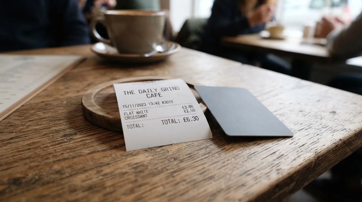 A receipt and a card on a café table