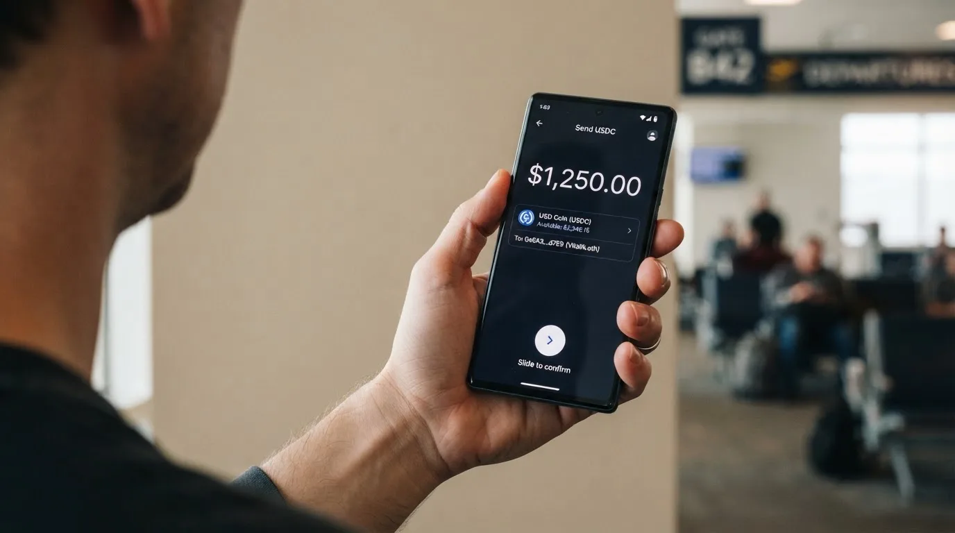 A phone showing a stablecoin transfer screen