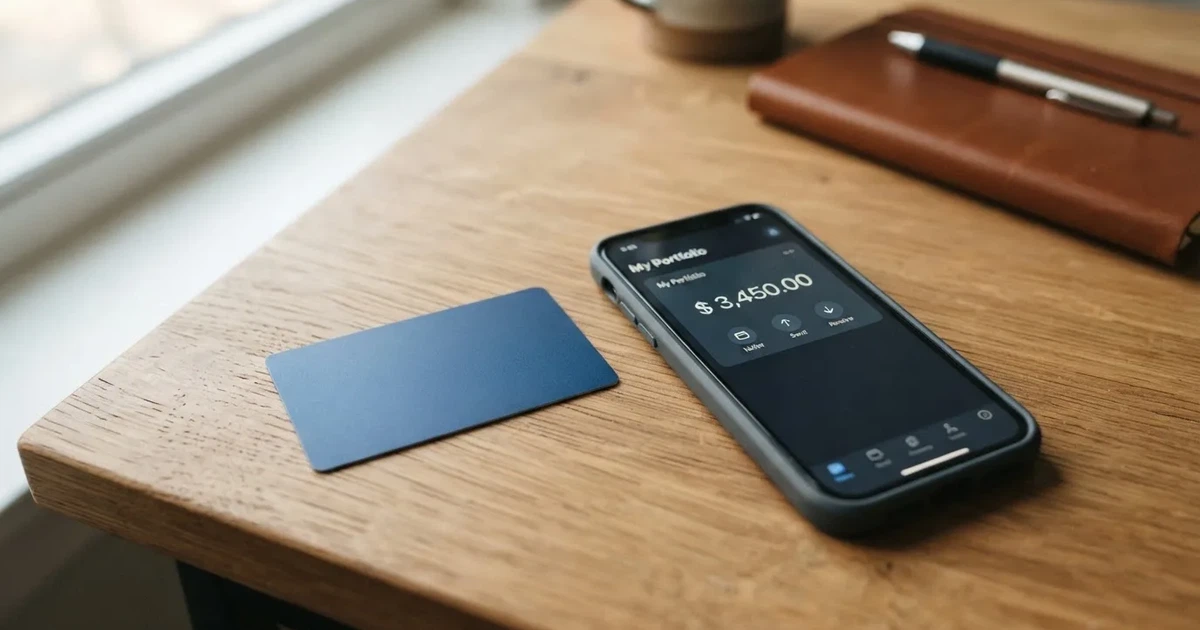 A payment card next to a phone with a crypto wallet app open