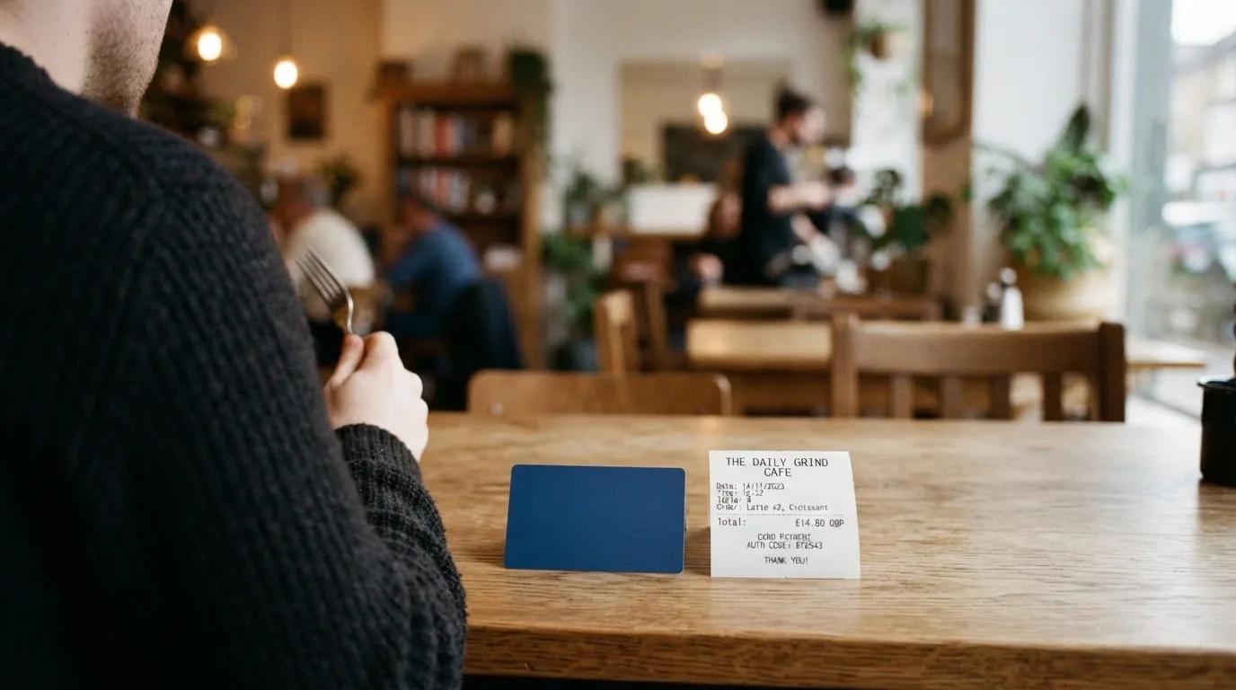 A receipt and a card on a café table