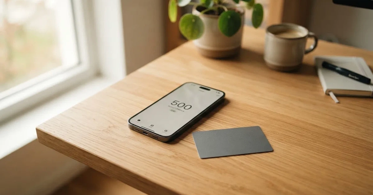 A payment card next to a phone with a crypto wallet app open