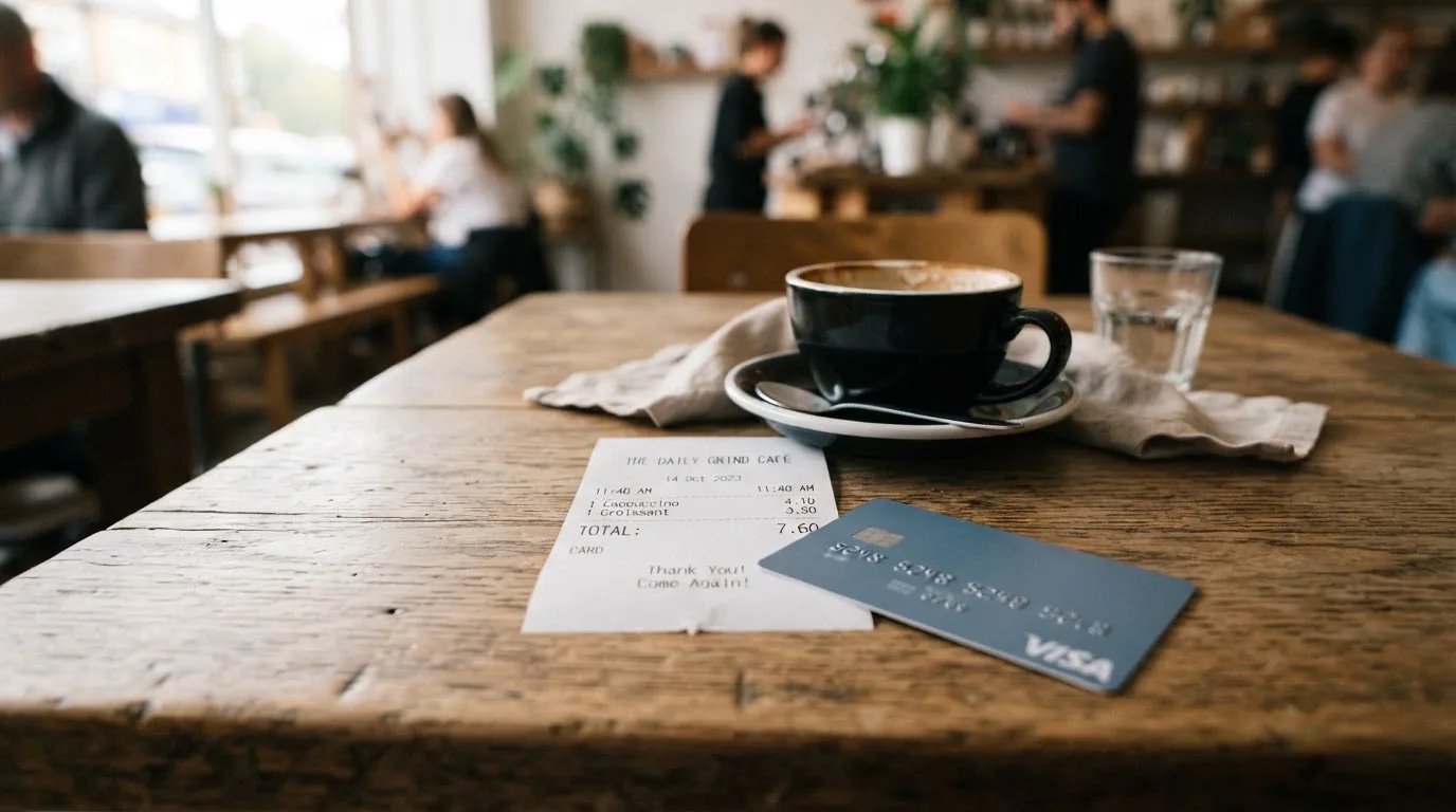A receipt and a card on a café table