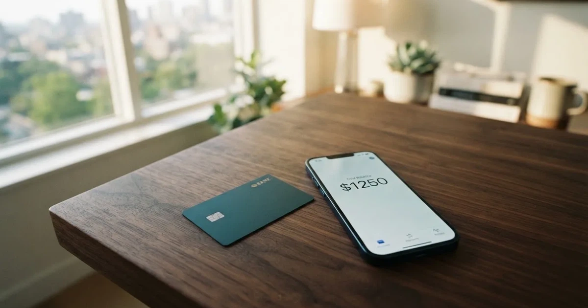 A payment card next to a phone with a crypto wallet app open