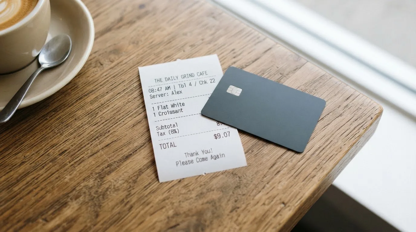 A receipt and a card on a café table