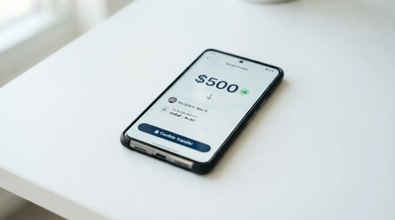 A phone showing a stablecoin transfer screen