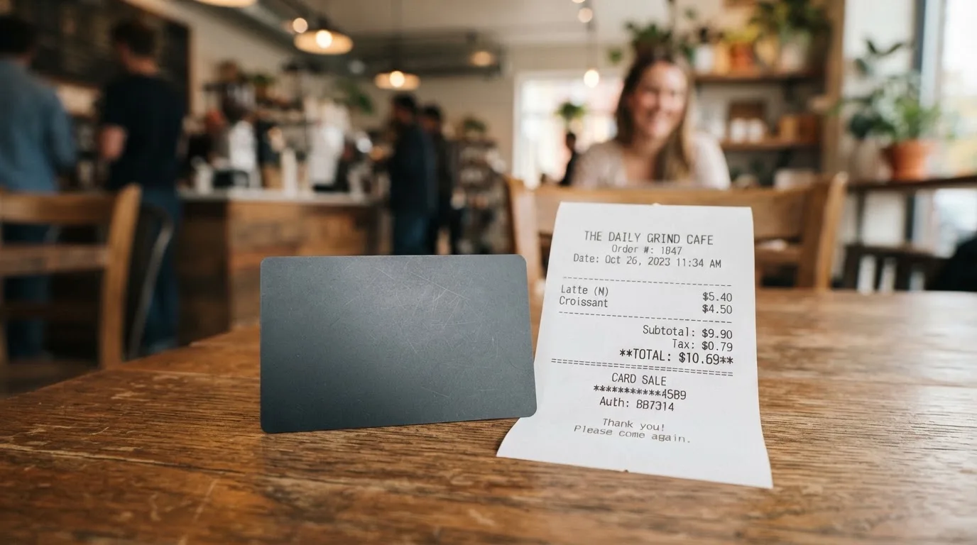 A receipt and a card on a café table