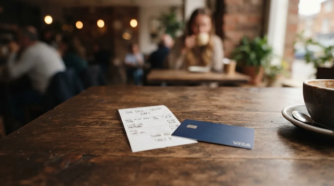 A receipt and a card on a café table