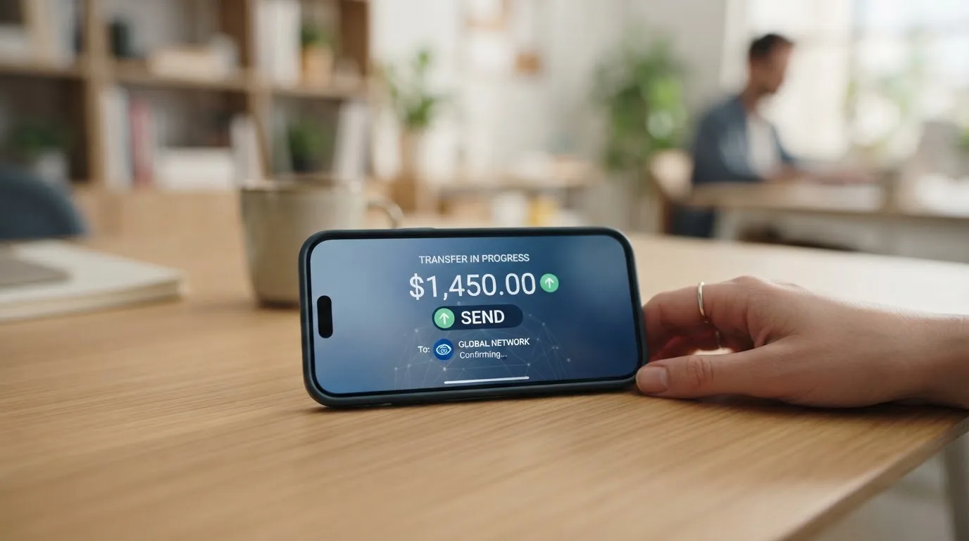 A phone showing a stablecoin transfer screen